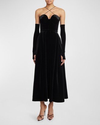 Patten Velvet Teacup Bustier Maxi Dress With Gloves