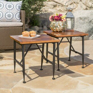 Austiom Leading LLC Outdoor Industrial Acacia Wood Accent Table with Iron Accents, Set of 2