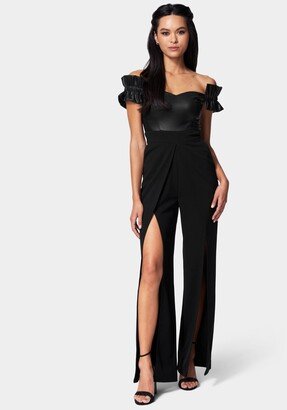 Vegan Leather Off Shoulder Wide Leg Jumpsuit