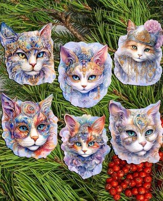 Cat in the Mask Christmas Wooden Clip-On Ornaments Set of 6 G. DeBrekht