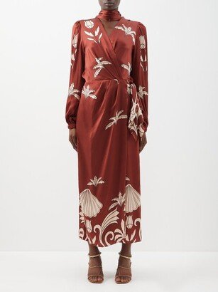 Palm Tree-print Silk Wrap Dress