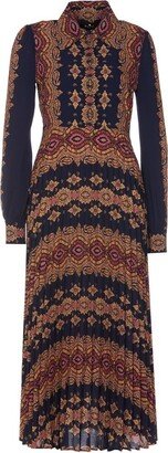 Motif Printed Pleated Midi Dress