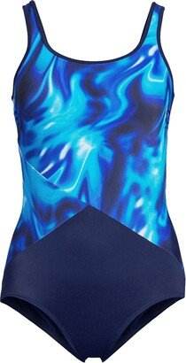 Women's Petite Chlorine Resistant Scoop Neck Soft Cup Tugless Sporty One Piece Swimsuit Print - Multi swirl/deep sea navy mix