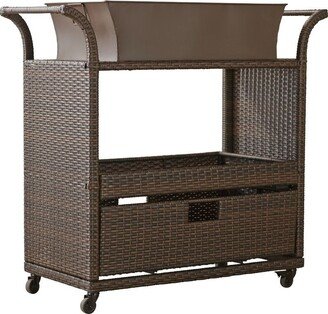 Outdoor Sturdy Resin Wicker Serving Bar Cart with Tray Brown Rattan - 36.75'' H x 39.75'' W x 18'' D