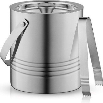 Metal Double Wall Ice Bucket with Lid, Ice Tongs and Strainer 3L Insulated Ice Bucket