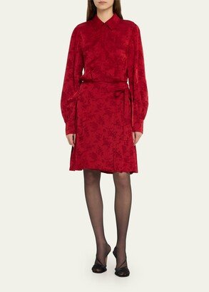 Pleated Floral Jacquard Midi Shirtdress-AA