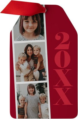 Ornaments: Stacked Year Filmstrip Metal Ornament, Red, Gift Tag