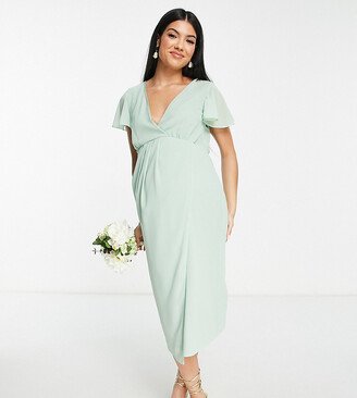 TFNC Maternity Bridesmaid chiffon wrap front midi dress with flutter sleeve in fresh sage