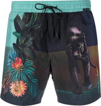 Graphic-Print Drawstring Swim Shorts