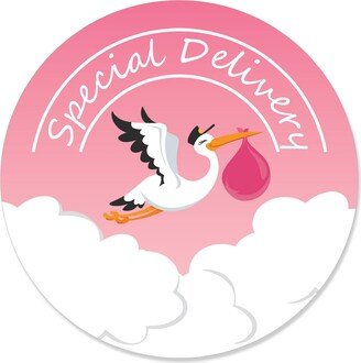 Big Dot Of Happiness Girl Special Delivery - Stork Baby Shower Circle Sticker Labels - 24 Ct