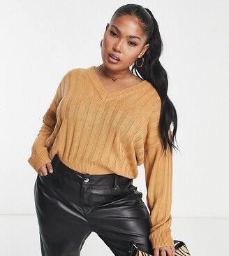 Brave Soul Plus kansas ribbed v-neck sweater in tan