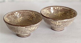 Pair Kyoto Sake Cup Set Kyo Kiyomizu Yaki Ware Guinomi Japan Sepia