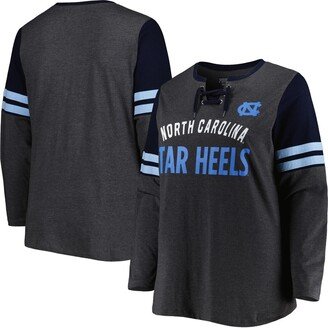 Women's Heather Charcoal, Navy North Carolina Tar Heels Plus Size Stripe Lace-Up V-Neck Long Sleeve T-shirt - Heather Charcoal, Navy