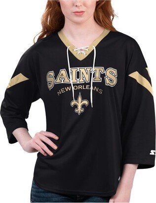 Women's Starter Black New Orleans Saints Rally Lace-Up 3/4 Sleeve T-shirt