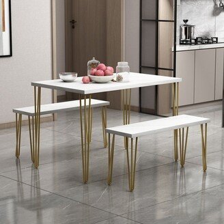 RASOO 3-Piece Dining Table Set with 2 Benches, Marble Thick Table with 4 Seats for Dining Room