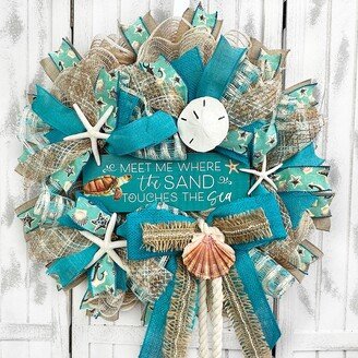 Sea Turtle Meet Me Where The Sand Touches Beach Coastal Nautical Wreath With Starfish; Seashells, Rope For Front Door Decorations