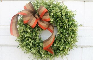 Fall Boxwood & Eucalyptus Wreath, Halloween Front Door Farmhouse Wreath With Striped Bow, Outdoor Greenery For