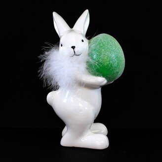 One Hundred 80 Degrees Easter Bunny W/ Colored Egg - One Figurine 8.5 Inches - Glitter Marabou - Em2117 Green - Ceramic - White