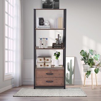 Tiramisubest 4-Tier Bookshelf, 4 Open Storage Shelves and Two Drawers, Brown