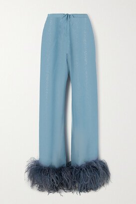 Lumière Feather-trimmed Glittered Chiffon Straight-leg Pants - Blue