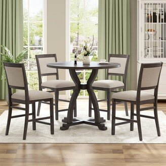 GEROJO Gray Farmhouse 5-Piece Round Dining Table Set, Solid Wood Legs, Reclining Backrest, Upholstered Cushions