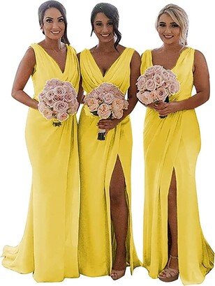 KURFACE Chiffon Wedding Bridesmaid Dresses Long High Split Draped Maxi Formal Gowns for Women Party Evening with V Neckline Yellow UK16