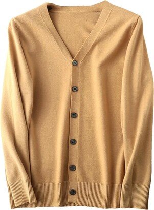 Jegsnoe Spring Autumn Wool Knit Cardigan Men's V-Neck Sweater Thin Loose Sweater Shirts Casual Coat Yellow khaki9 3XL