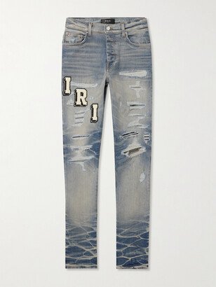 Skinny-Fit Logo-Appliquéd Distressed Jeans-AB