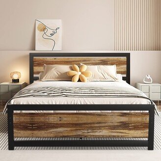 EPOWP Bed Frame with Wooden Headboard and Footboard, Industrial Metal Bed Frame with Heavy Duty Steel Slat Supports Foundation