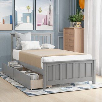 GREATPLANINC Twin Size Platform Bed, with Two Drawers Solid Pine Wood and Ten Supporting Slats, No Box Spring Needed , Gray