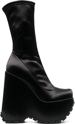 High Platform-Sole Satin Boots