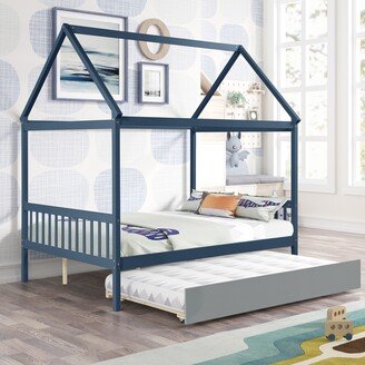 Calnod Versatile Bedroom Furniture for Child and Teen: Full Size Bed with Twin Size Trundle and Canopy Pine Wood Bed Frame