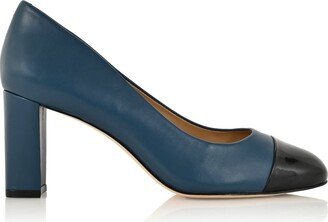 Joan Oloff Shoes Sandra Indigo Blue Soft Lux Leather & Black Soft Lux Leather Cap Toe