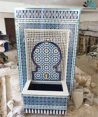 Moroccan Mosaic Fountain, Moorish Tile Mosaic, Water Inside Fountain, Fountain, Terrace Indoor Decor