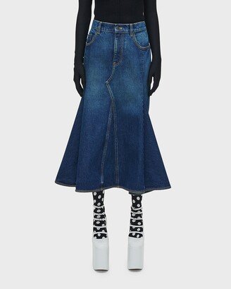 Paneled Denim Midi Skirt with Pleating-AA