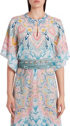 Floral Heart Print Keyhole Silk Blouse