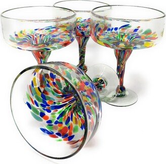 Hand Blown Glassware - Set Of 4 Mexican Margarita Glasses Confetti Carmen | 16 Oz