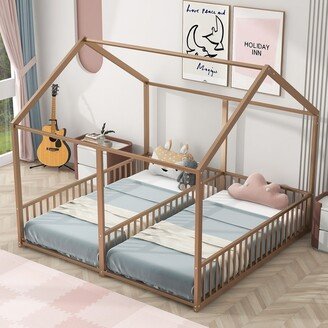 Joliwing Twin Size Double House Beds,Twin Metal Bed Frame,Two Shared Beds,Brown
