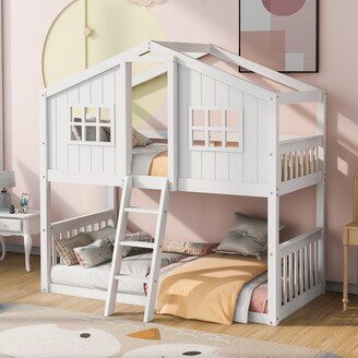 RASOO Twin over Twin House Shaped Bunk Bed with Ladder, Wood Bed and Fence Shaped Upper Bunk with Pitched Roof Modeling & Window