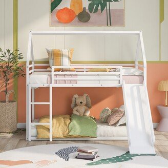 IGEMAN Twin Over Twin Metal House Bunk Bed with Convertible Ladder and Slide