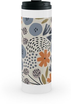 Travel Mugs: Phyllis Floral - Orange And Blue Stainless Mug, White, 16Oz, Multicolor