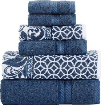 Modern Threads Reversible Yarn Dyed Jacquard 6 Piece Towel Set, Trefoil Filigree, Indigo