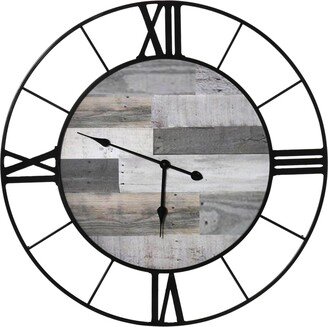 Homcom 32 Inch Large Wall Clock, Silent Non Ticking Metal Farmhouse Roman Numeral Clocks for Living Room Decor, Battery Operated, Black and Wood Grain