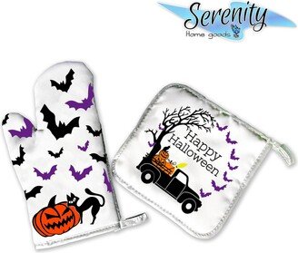 Happy Halloween | Decorative Kitchen Hot Plate Pot Holder Oven Mitt Set Pumpkin Cat Truck Bats