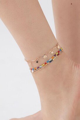 Women's Layered Beaded Charm Anklet Set in Gold