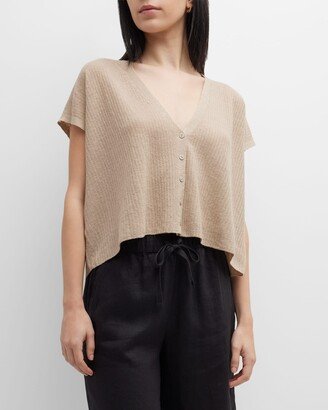 Ribbed Button-Front Short-Sleeve Cardigan
