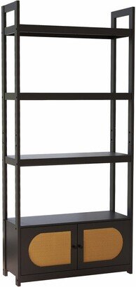 IGEMAN Black Woven Cane 4-Tier Bookcase Storage Rack Wood Bookshelf with 2 Doors, 31.5''L*11.81''W*70.87''H, 45.53LBS