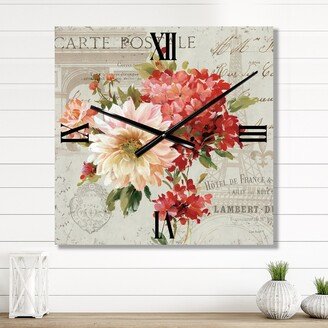 Designart 'Red Painted Flowers on Vintage Postcard I' Traditional wall clock