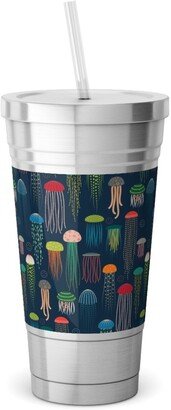 Travel Mugs: Just Jellies - Rainbow On Navy Stainless Tumbler With Straw, 18Oz, Multicolor