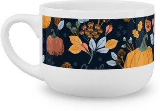 Mugs: Smaller Scale Elegant Navy Fall Floral - Harvest Gratitude + Cozy Petal Solids Latte Mug, White, 25Oz, Orange